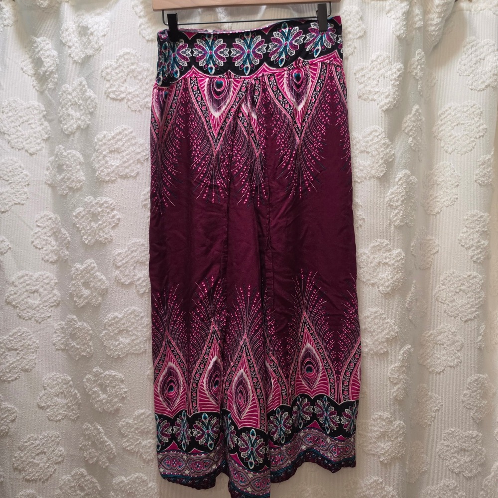 Boho Burgundy Peacock‎ Feather Print Wide Leg Palazzo Pants High Waist Festival